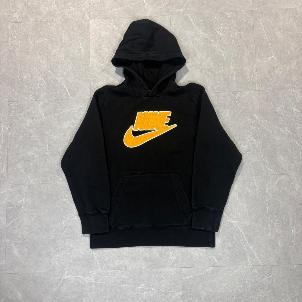 Nike Sportswear Kids Hoodie Black Orange Logo Patch Pullover M 10-12